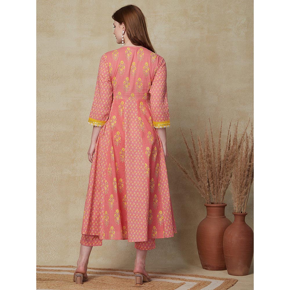 FASHOR Floral Printed Flared Anarkali Kurta with Pant - Peach (Set of 2)