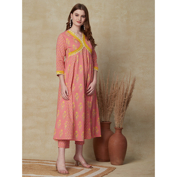 FASHOR Floral Printed Flared Anarkali Kurta with Pant - Peach (Set of 2)