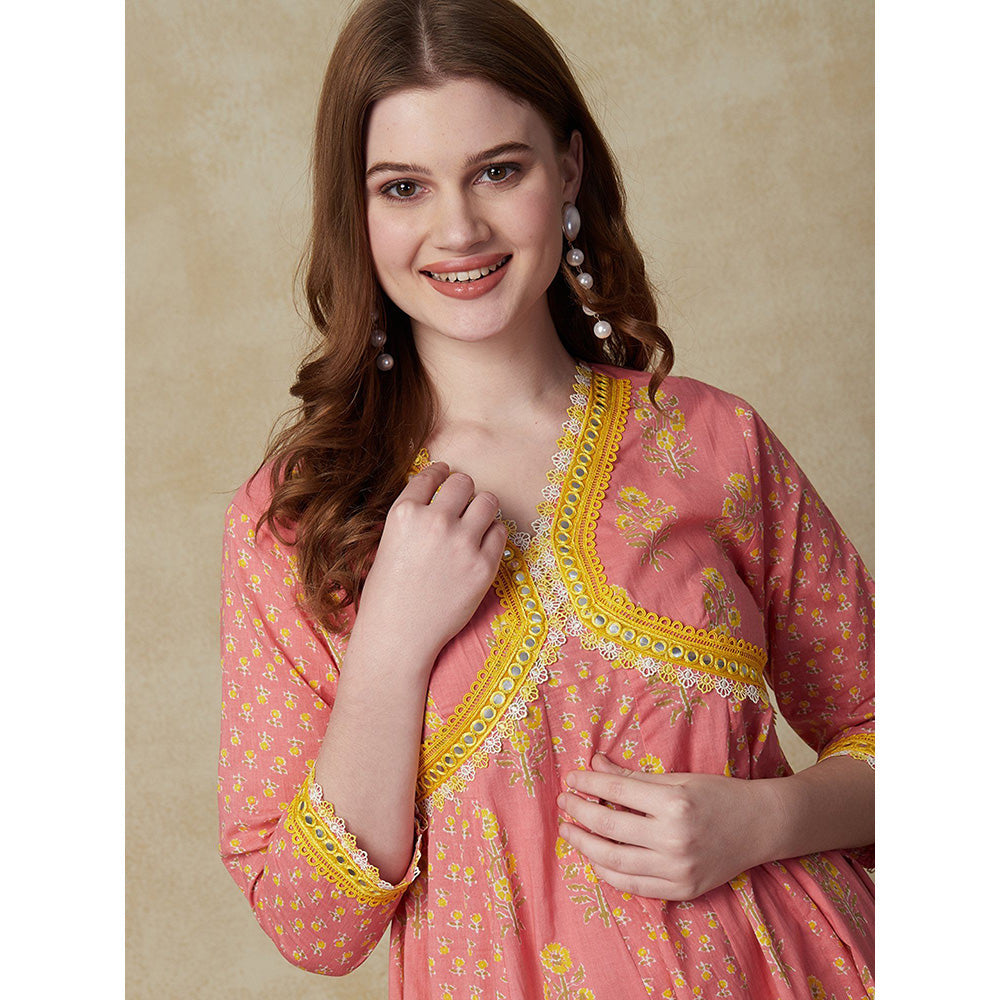 FASHOR Floral Printed Flared Anarkali Kurta with Pant - Peach (Set of 2)