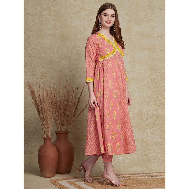 FASHOR Floral Printed Flared Anarkali Kurta with Pant - Peach (Set of 2)