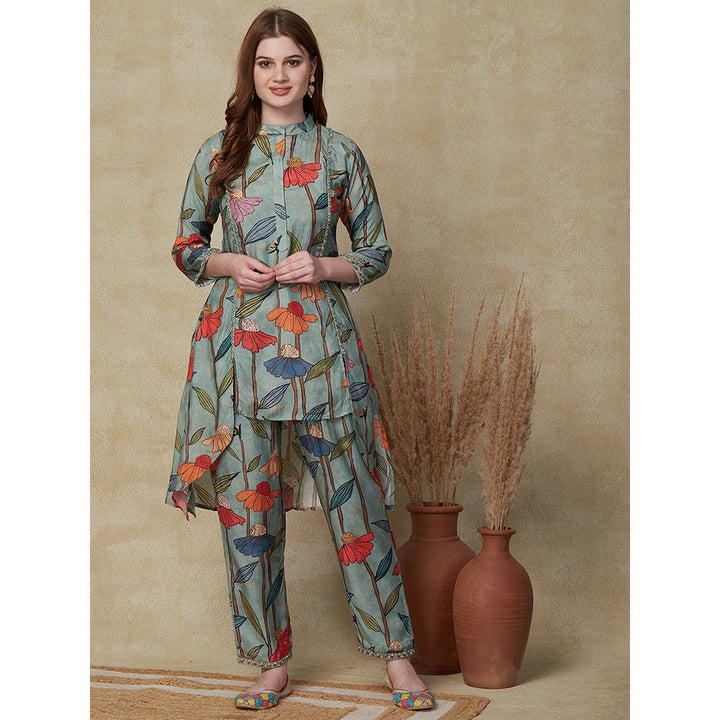 FASHOR Floral Printed Kurta with Pants - Green (Set of 2)