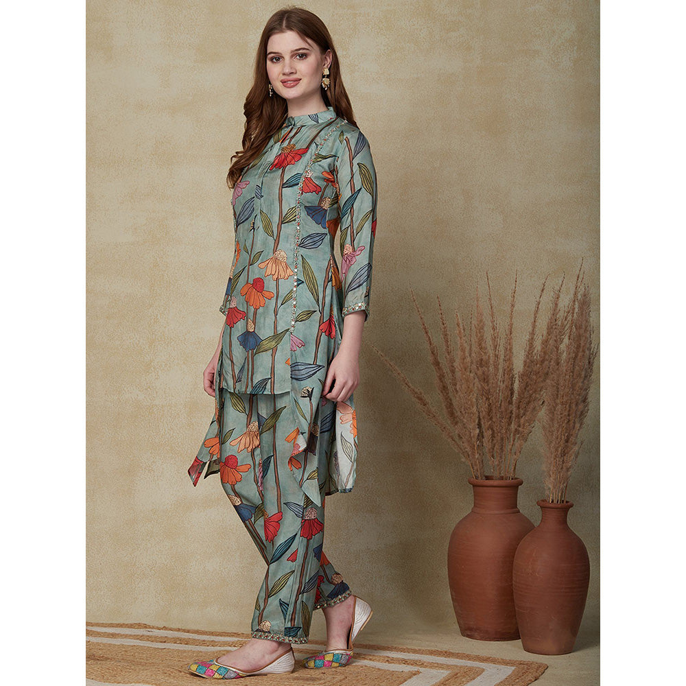 FASHOR Floral Printed Kurta with Pants - Green (Set of 2)