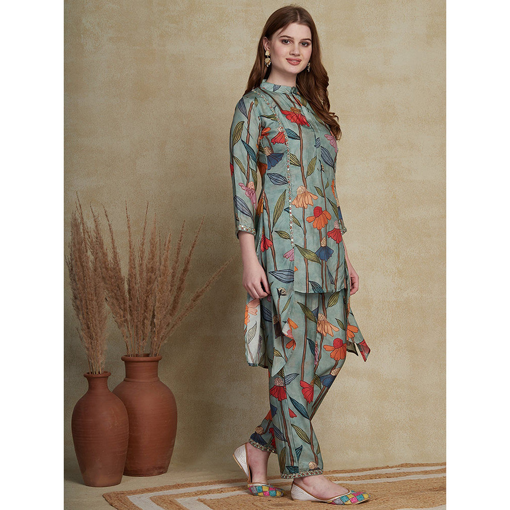 FASHOR Floral Printed Kurta with Pants - Green (Set of 2)