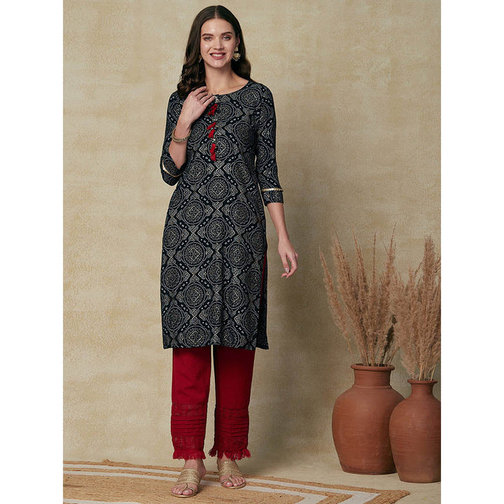 FASHOR Printed Sequins Embroidered Tasselled Kurta - Black