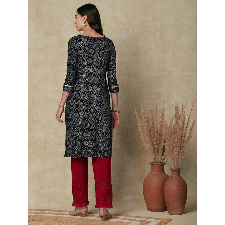 FASHOR Printed Sequins Embroidered Tasselled Kurta - Black