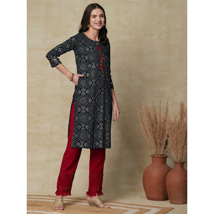 FASHOR Printed Sequins Embroidered Tasselled Kurta - Black