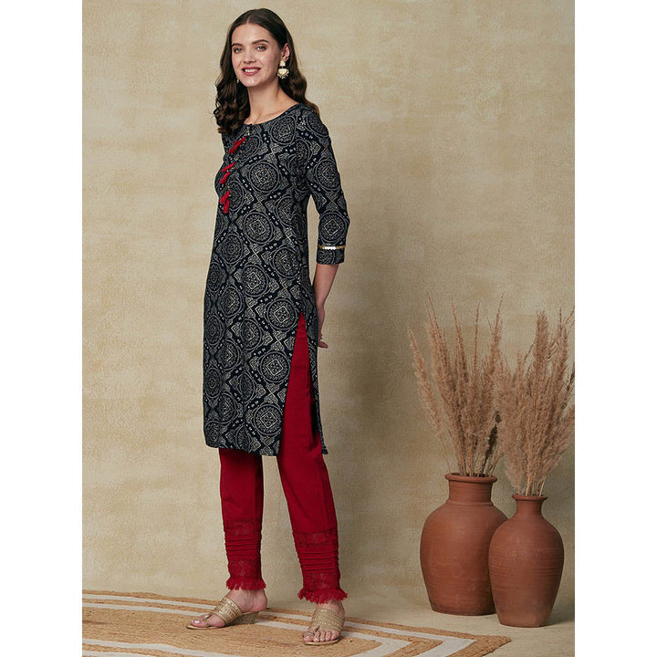 FASHOR Printed Sequins Embroidered Tasselled Kurta - Black