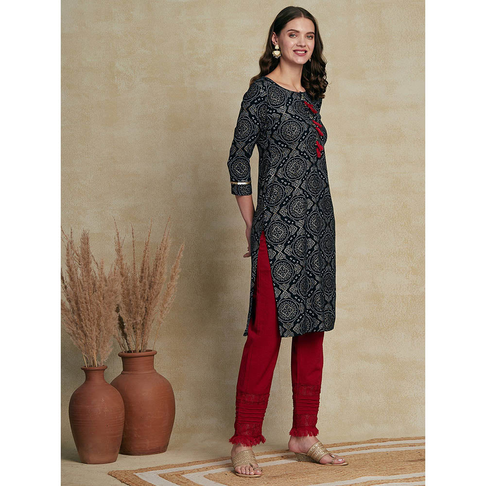 FASHOR Printed Sequins Embroidered Tasselled Kurta - Black