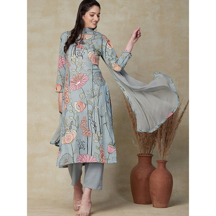 FASHOR Printed Kurta with Pants & Dupatta - Powder Blue (Set of 3)