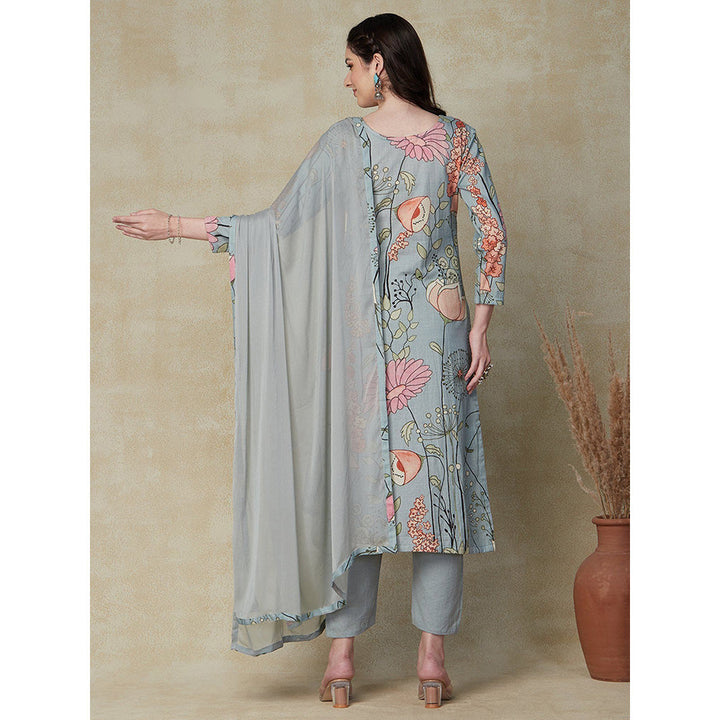 FASHOR Printed Kurta with Pants & Dupatta - Powder Blue (Set of 3)