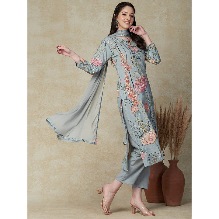 FASHOR Printed Kurta with Pants & Dupatta - Powder Blue (Set of 3)