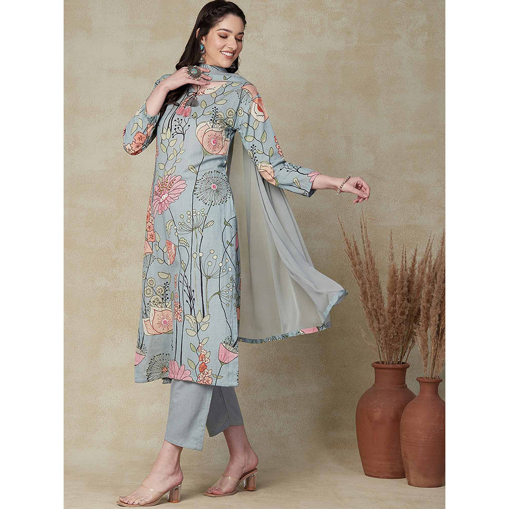 FASHOR Printed Kurta with Pants & Dupatta - Powder Blue (Set of 3)