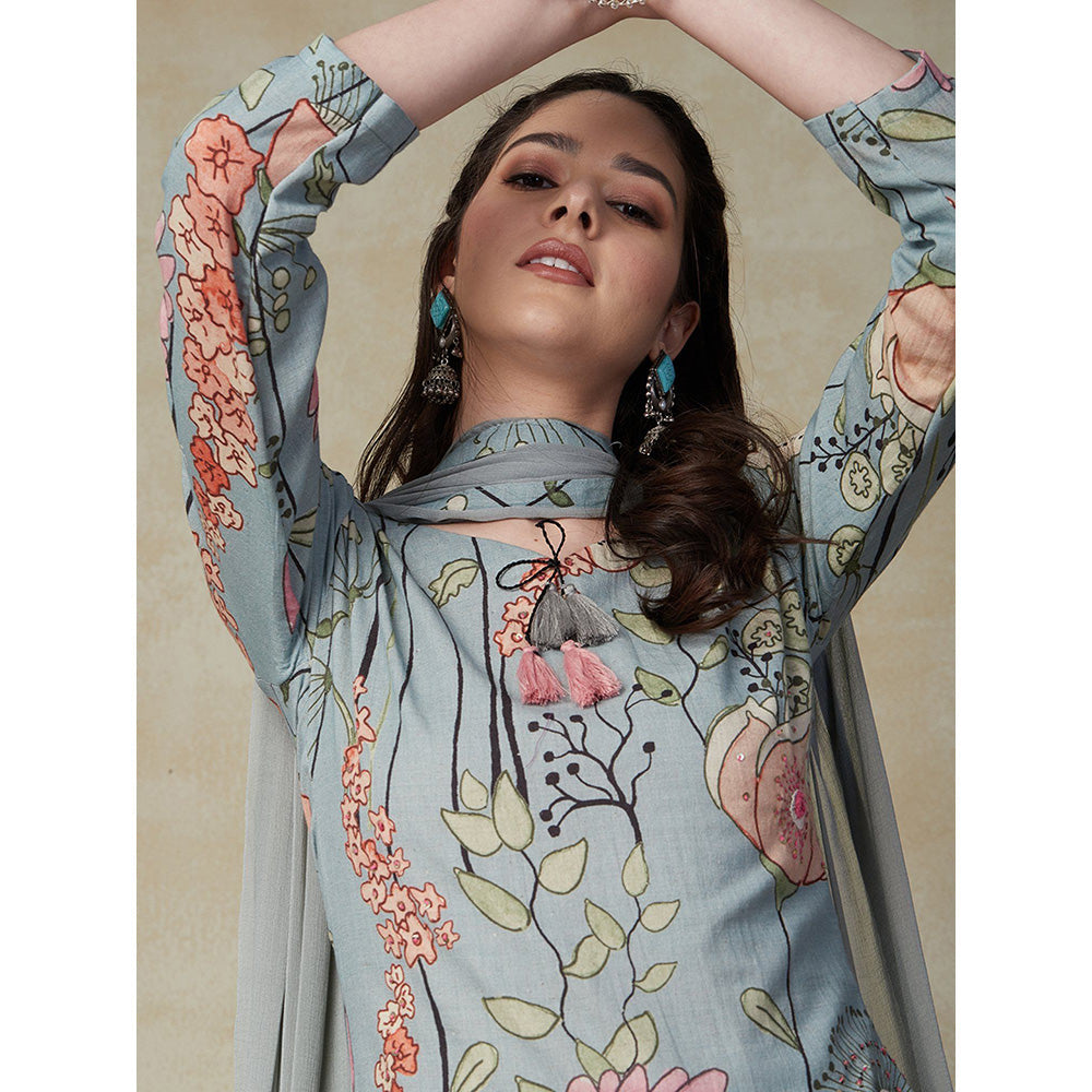 FASHOR Printed Kurta with Pants & Dupatta - Powder Blue (Set of 3)