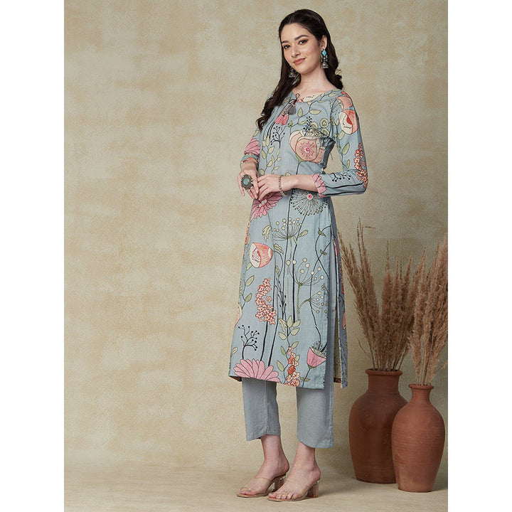 FASHOR Printed Kurta with Pants & Dupatta - Powder Blue (Set of 3)