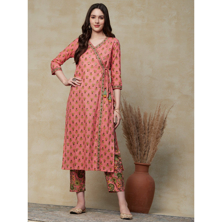 FASHOR Floral Block Printed Angarkha Kurta with Floral Pants - Pink (Set of 2)