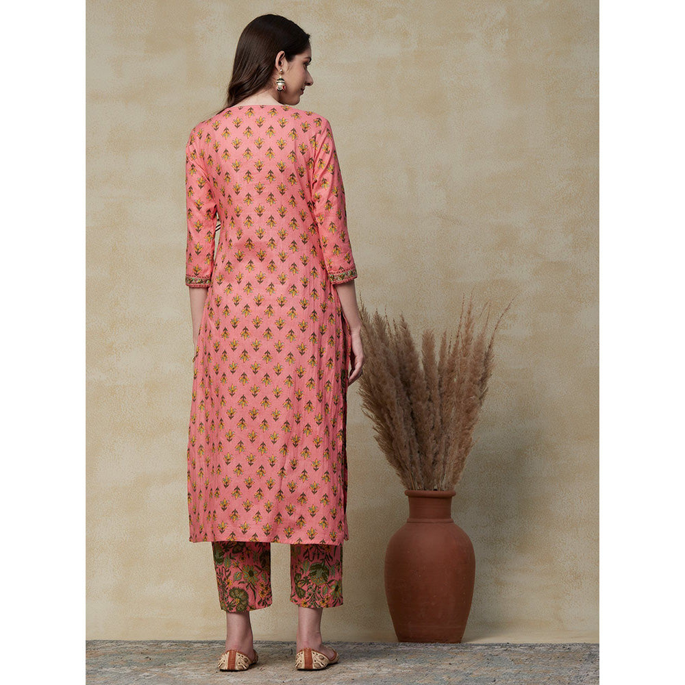 FASHOR Floral Block Printed Angarkha Kurta with Floral Pants - Pink (Set of 2)