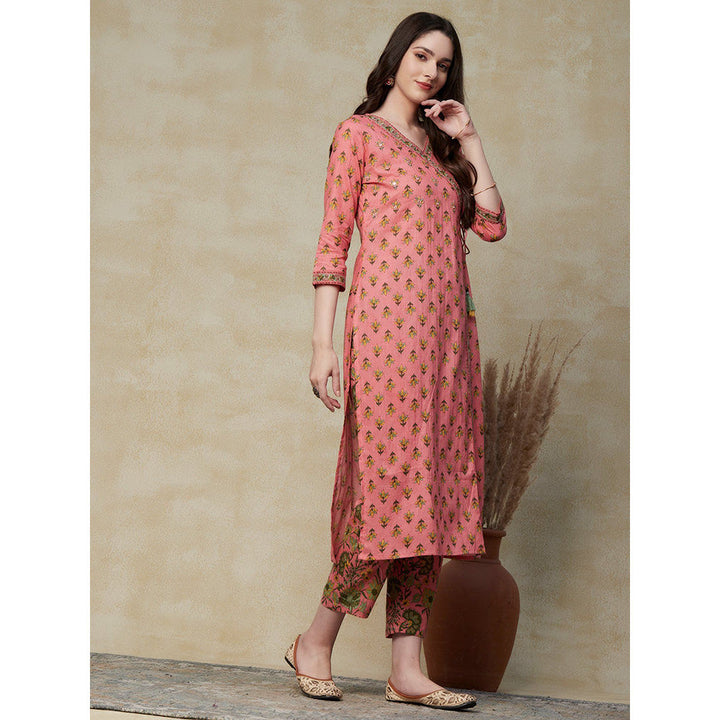 FASHOR Floral Block Printed Angarkha Kurta with Floral Pants - Pink (Set of 2)