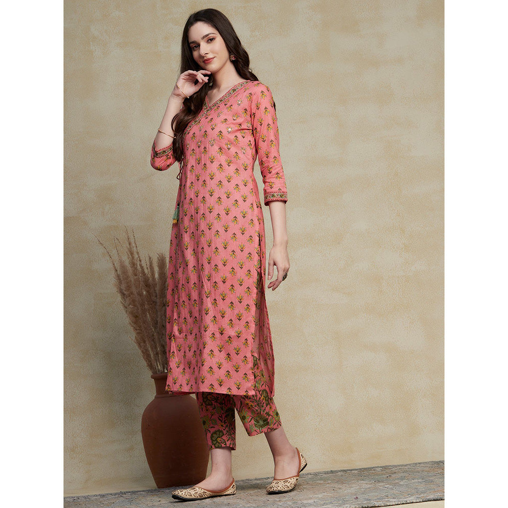 FASHOR Floral Block Printed Angarkha Kurta with Floral Pants - Pink (Set of 2)