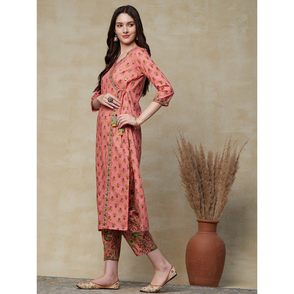 FASHOR Floral Block Printed Angarkha Kurta with Floral Pants - Pink (Set of 2)