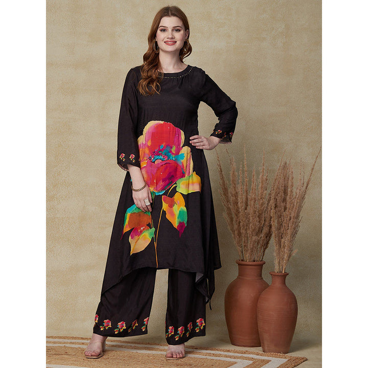 FASHOR Floral Printed Kurta with Palazzos - Black (Set of 2)