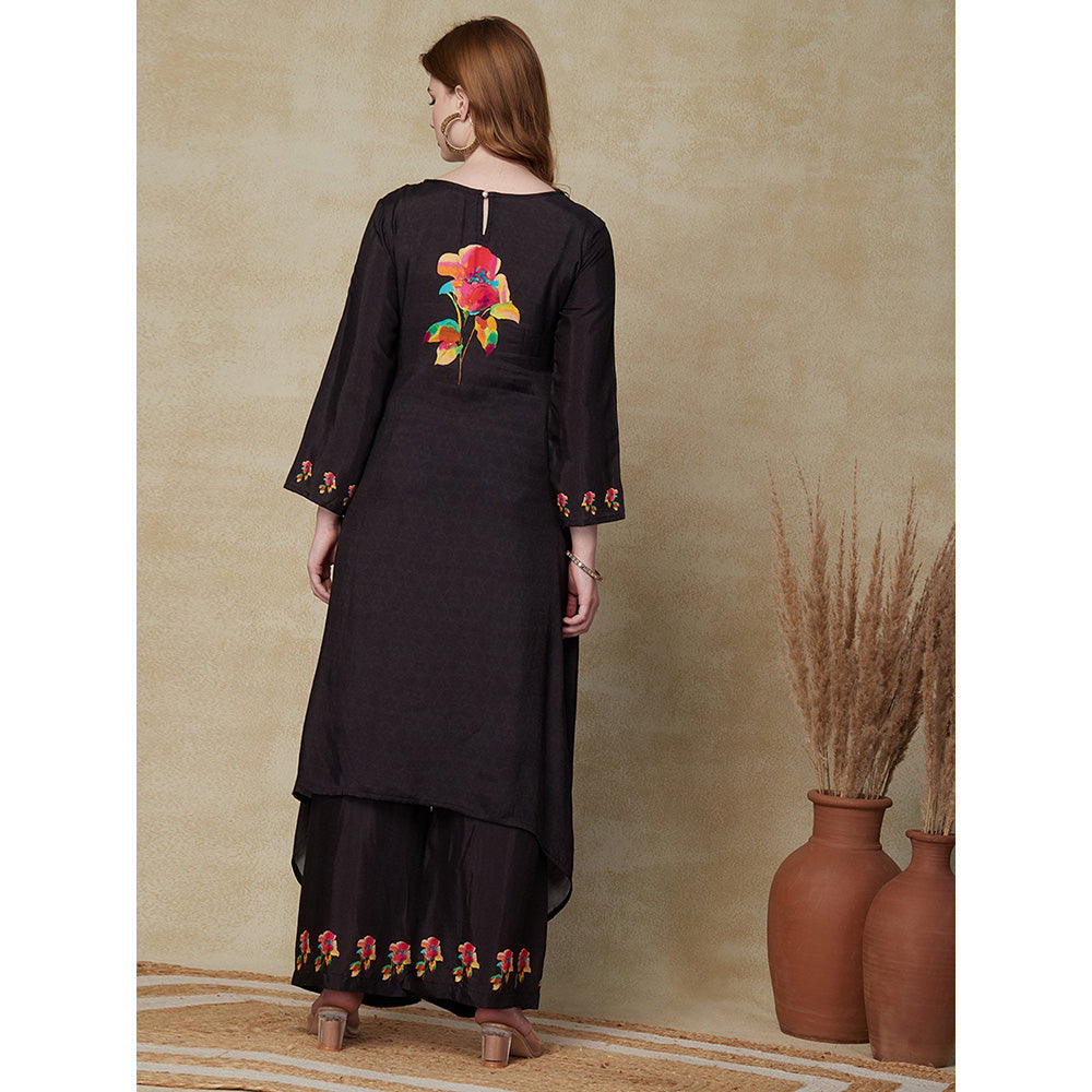 FASHOR Floral Printed Kurta with Palazzos - Black (Set of 2)