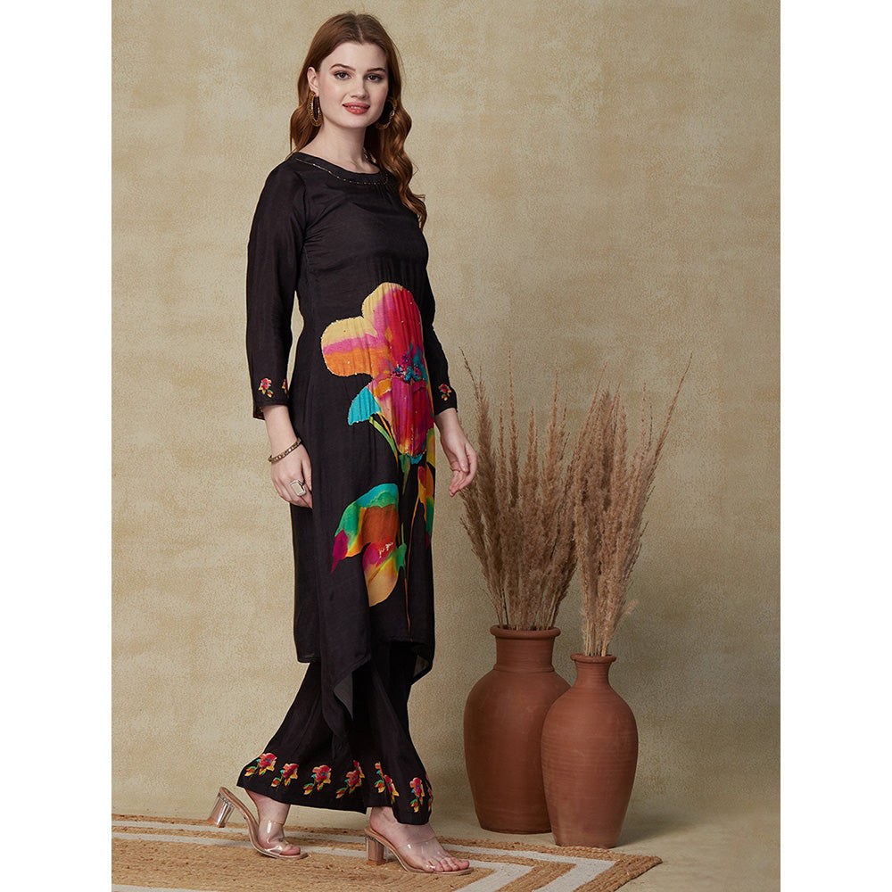 FASHOR Floral Printed Kurta with Palazzos - Black (Set of 2)