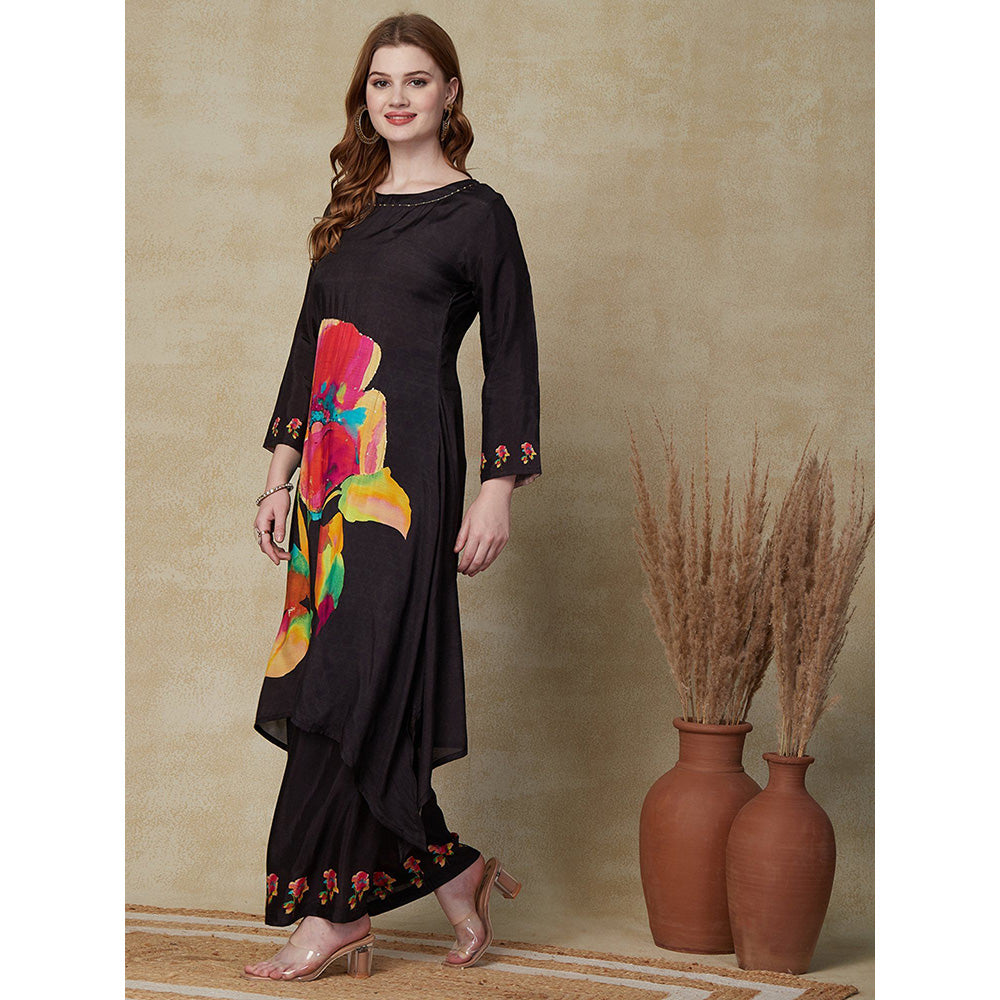 FASHOR Floral Printed Kurta with Palazzos - Black (Set of 2)