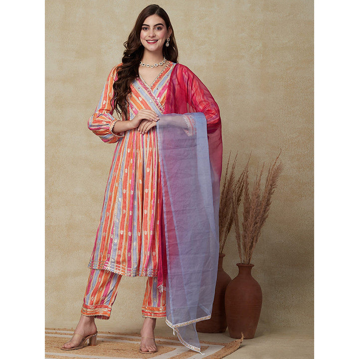 FASHOR Striped Printed Kurta with Pant and Dupatta - Multi-Color (Set of 3)