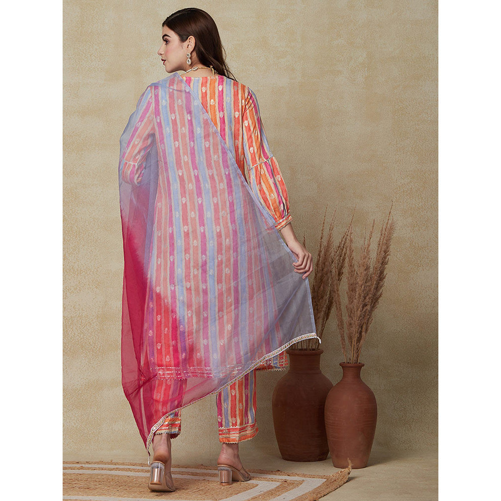 FASHOR Striped Printed Kurta with Pant and Dupatta - Multi-Color (Set of 3)