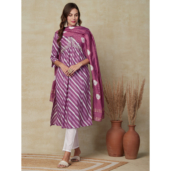 FASHOR Diagonal Striped Kurta with Pant and Dupatta - Purple (Set of 3)