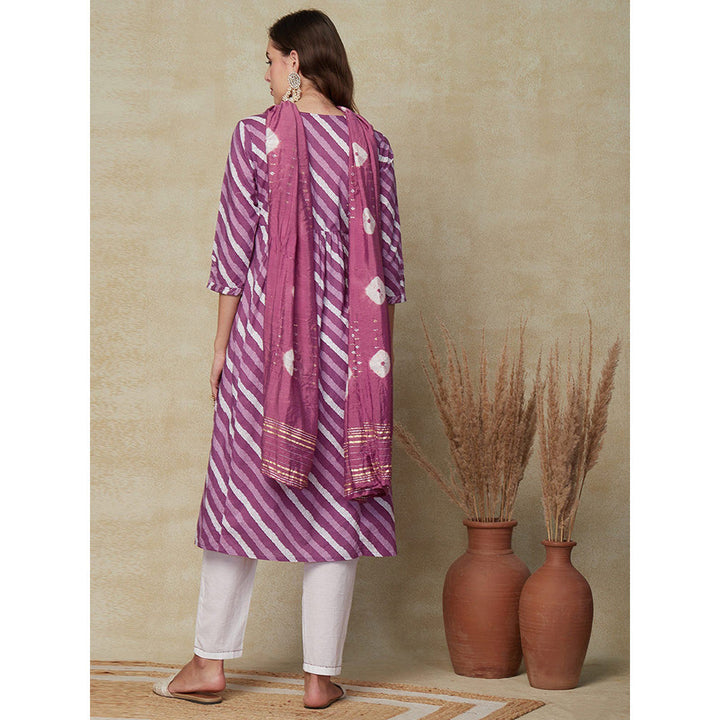 FASHOR Diagonal Striped Kurta with Pant and Dupatta - Purple (Set of 3)