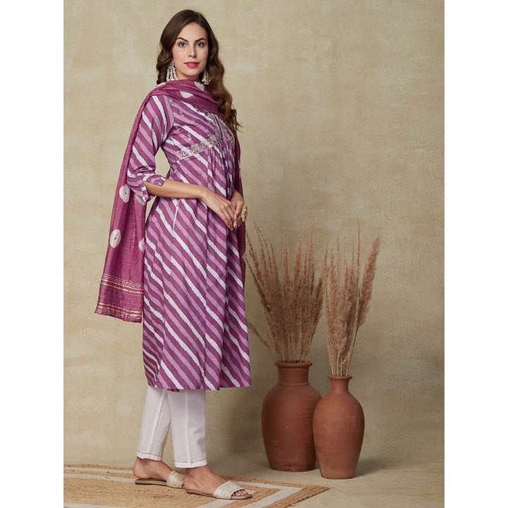 FASHOR Diagonal Striped Kurta with Pant and Dupatta - Purple (Set of 3)