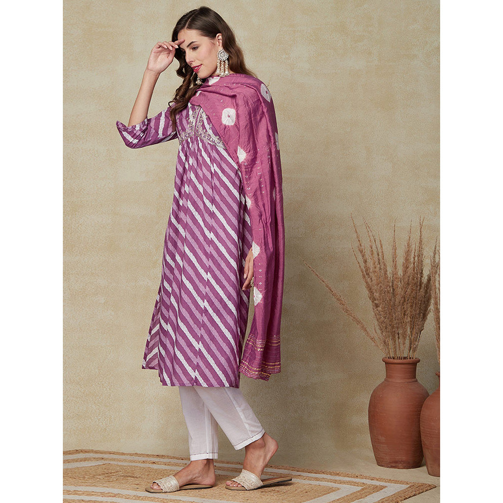 FASHOR Diagonal Striped Kurta with Pant and Dupatta - Purple (Set of 3)