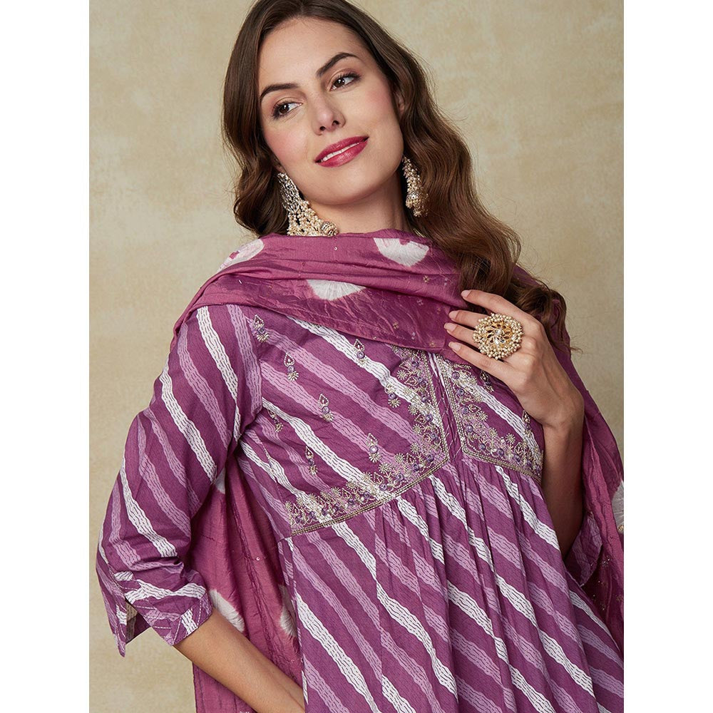 FASHOR Diagonal Striped Kurta with Pant and Dupatta - Purple (Set of 3)