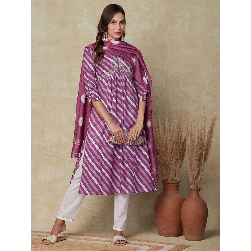 FASHOR Diagonal Striped Kurta with Pant and Dupatta - Purple (Set of 3)