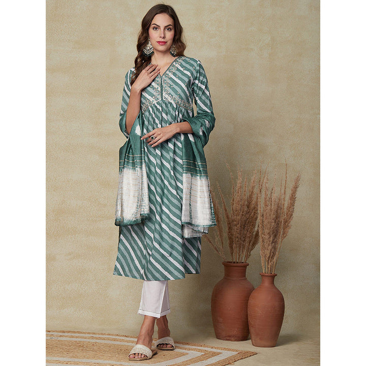 FASHOR Diagonal Striped Kurta with Pant and Dupatta - Green (Set of 3)