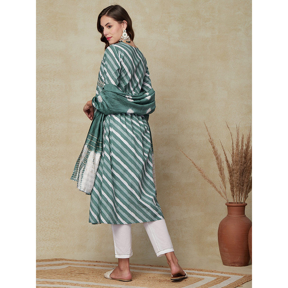 FASHOR Diagonal Striped Kurta with Pant and Dupatta - Green (Set of 3)