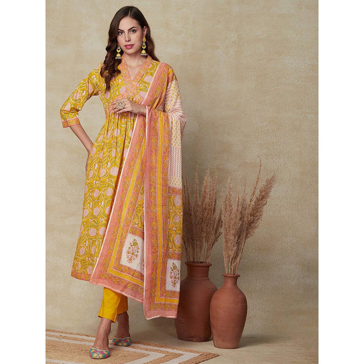 FASHOR Floral Printed Kurta with Pant and Dupatta - Yellow (Set of 3)