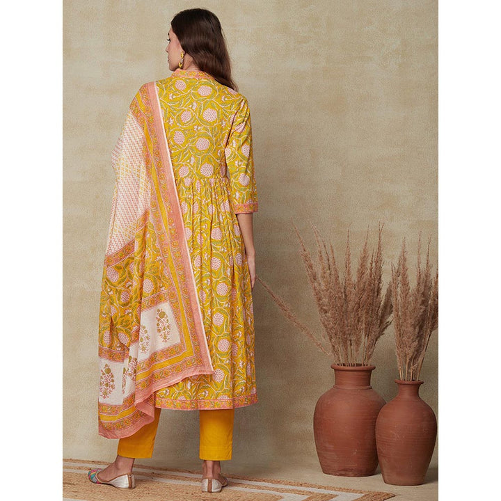 FASHOR Floral Printed Kurta with Pant and Dupatta - Yellow (Set of 3)