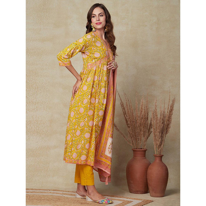 FASHOR Floral Printed Kurta with Pant and Dupatta - Yellow (Set of 3)