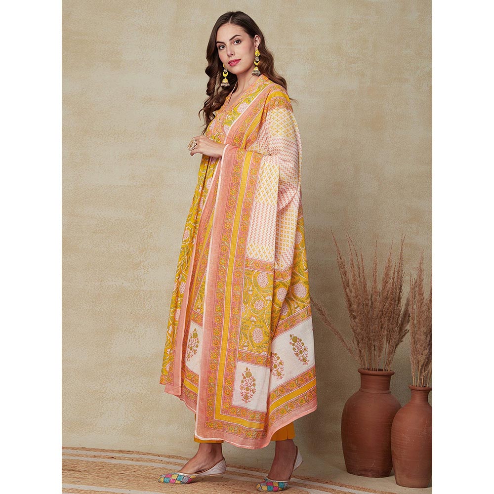 FASHOR Floral Printed Kurta with Pant and Dupatta - Yellow (Set of 3)