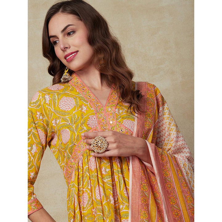 FASHOR Floral Printed Kurta with Pant and Dupatta - Yellow (Set of 3)