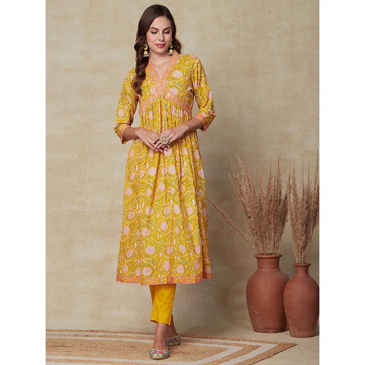 FASHOR Floral Printed Kurta with Pant and Dupatta - Yellow (Set of 3)