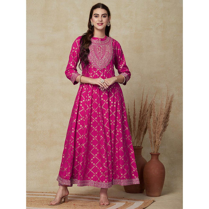 FASHOR Ethnic Foil Printed Anarkali Kurta with Pant - Pink (Set of 2)