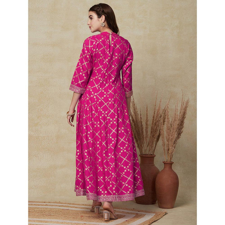 FASHOR Ethnic Foil Printed Anarkali Kurta with Pant - Pink (Set of 2)