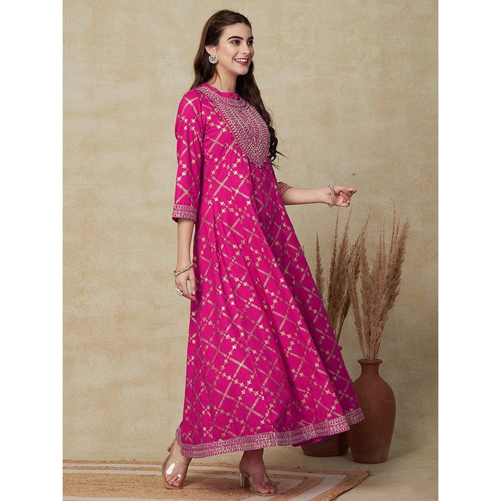 FASHOR Ethnic Foil Printed Anarkali Kurta with Pant - Pink (Set of 2)