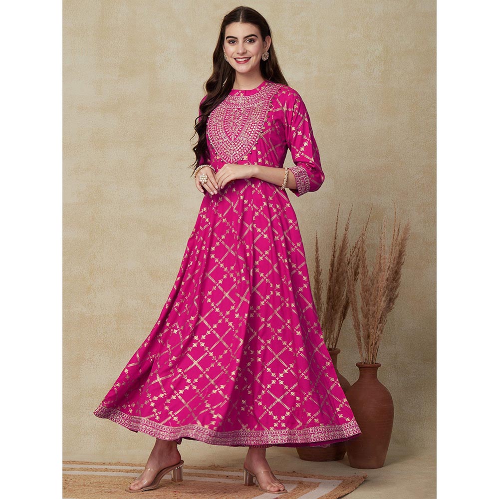 FASHOR Ethnic Foil Printed Anarkali Kurta with Pant - Pink (Set of 2)