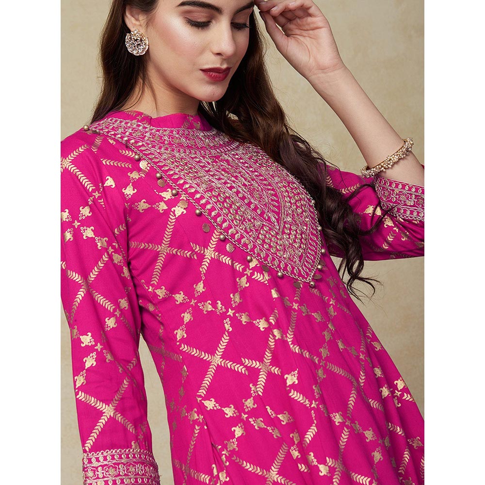 FASHOR Ethnic Foil Printed Anarkali Kurta with Pant - Pink (Set of 2)