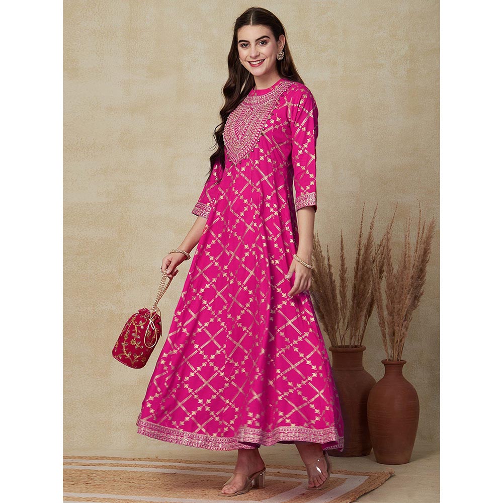 FASHOR Ethnic Foil Printed Anarkali Kurta with Pant - Pink (Set of 2)