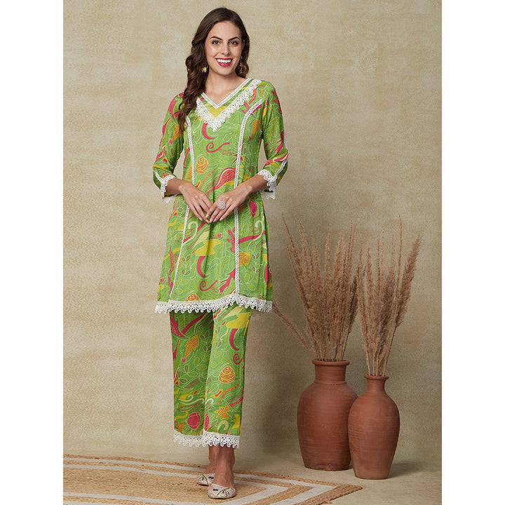 FASHOR Printed Embellished Kurta with Palazzo Pant - Green (Set of 2)